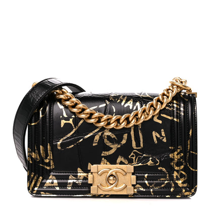 Chanel Calfskin Crocodile Embossed Graffiti Cocodile Small Boy Flap Black Gold 1 of 11