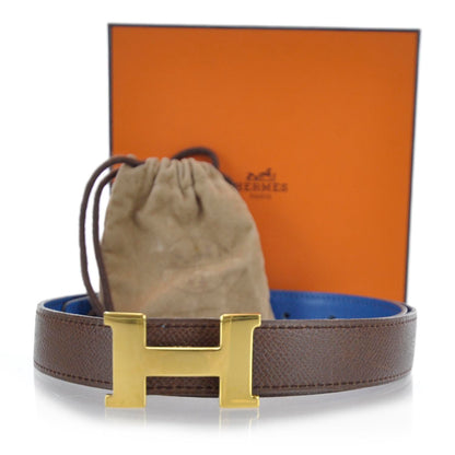 Hermes Courchevel Reversible H Belt 65 Bleu France and Chocolate 3 of 5
