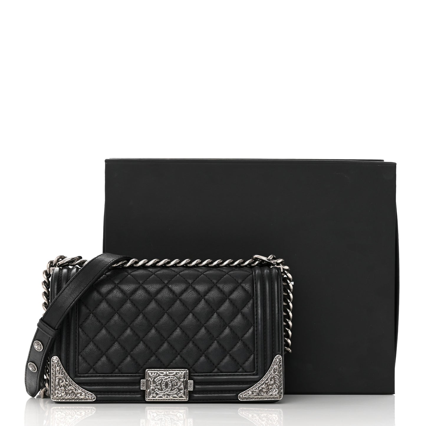 Calfskin Quilted Metal Embellished Paris Dallas Medium Boy Flap Black