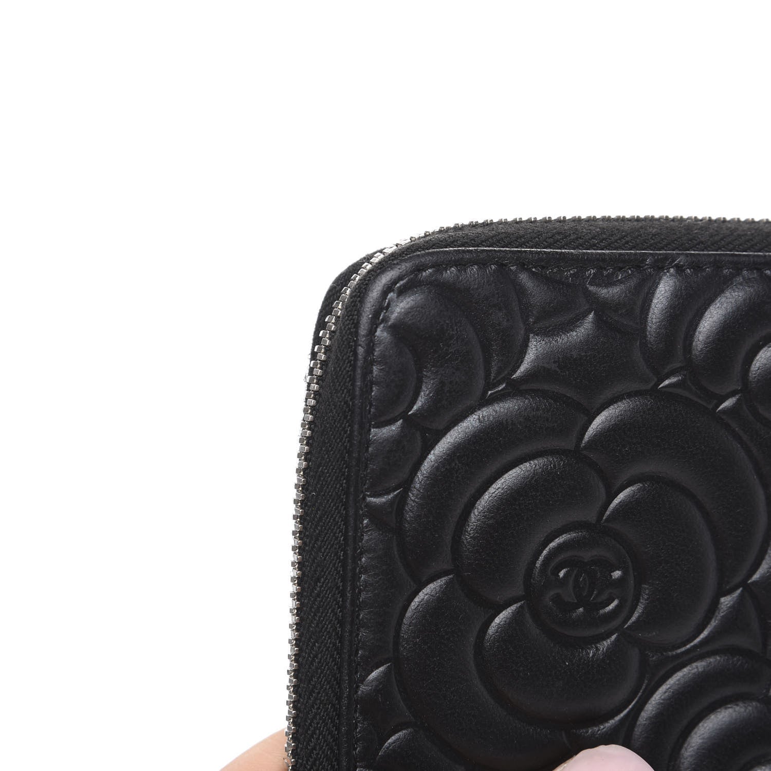 Chanel Lambskin Camellia Embossed Large Zip Around Gusset Wallet Black 9 of 11
