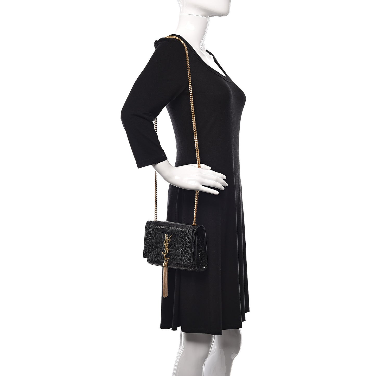 Calfskin Crocodile Embossed Small Classic Monogram Kate Tassel Satchel Black