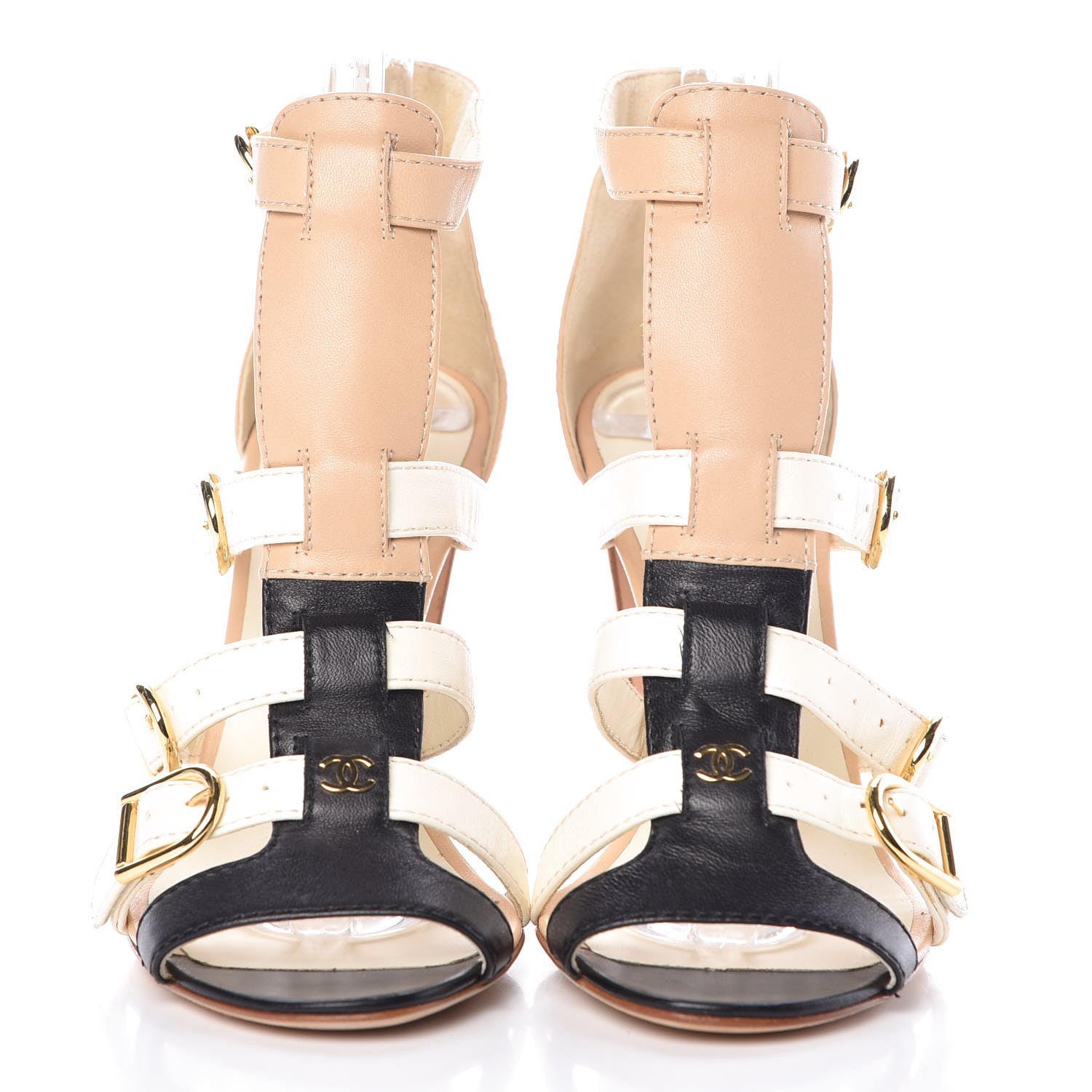 Chanel Lambskin Gladiator Sandals 37 Beige White Black 2 of 12