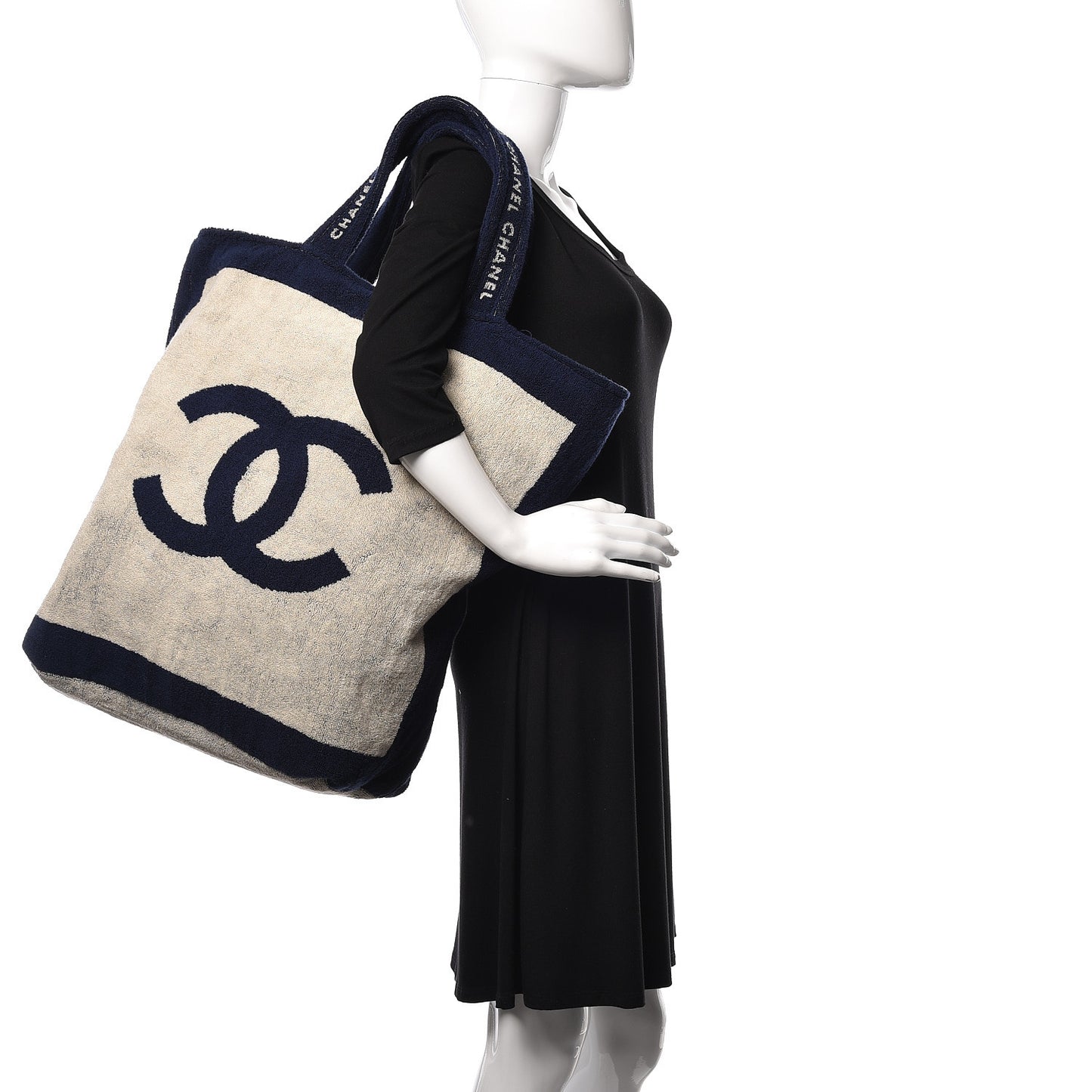 Terry Cotton CC Beach Tote Towel Set Navy Blue Beige