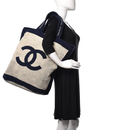 Chanel Terry Cotton CC Beach Tote Towel Set Navy Blue Beige 2 of 12