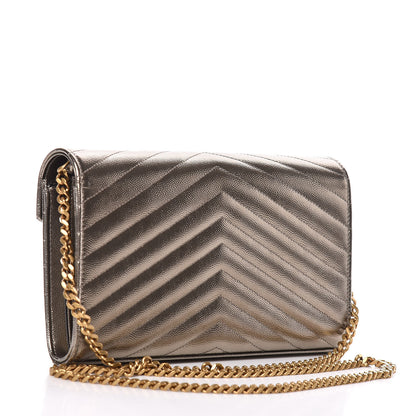 Saint Laurent Iridescent Grain De Poudre Matelasse Chevron Monogram Chain Wallet Gold 3 of 12