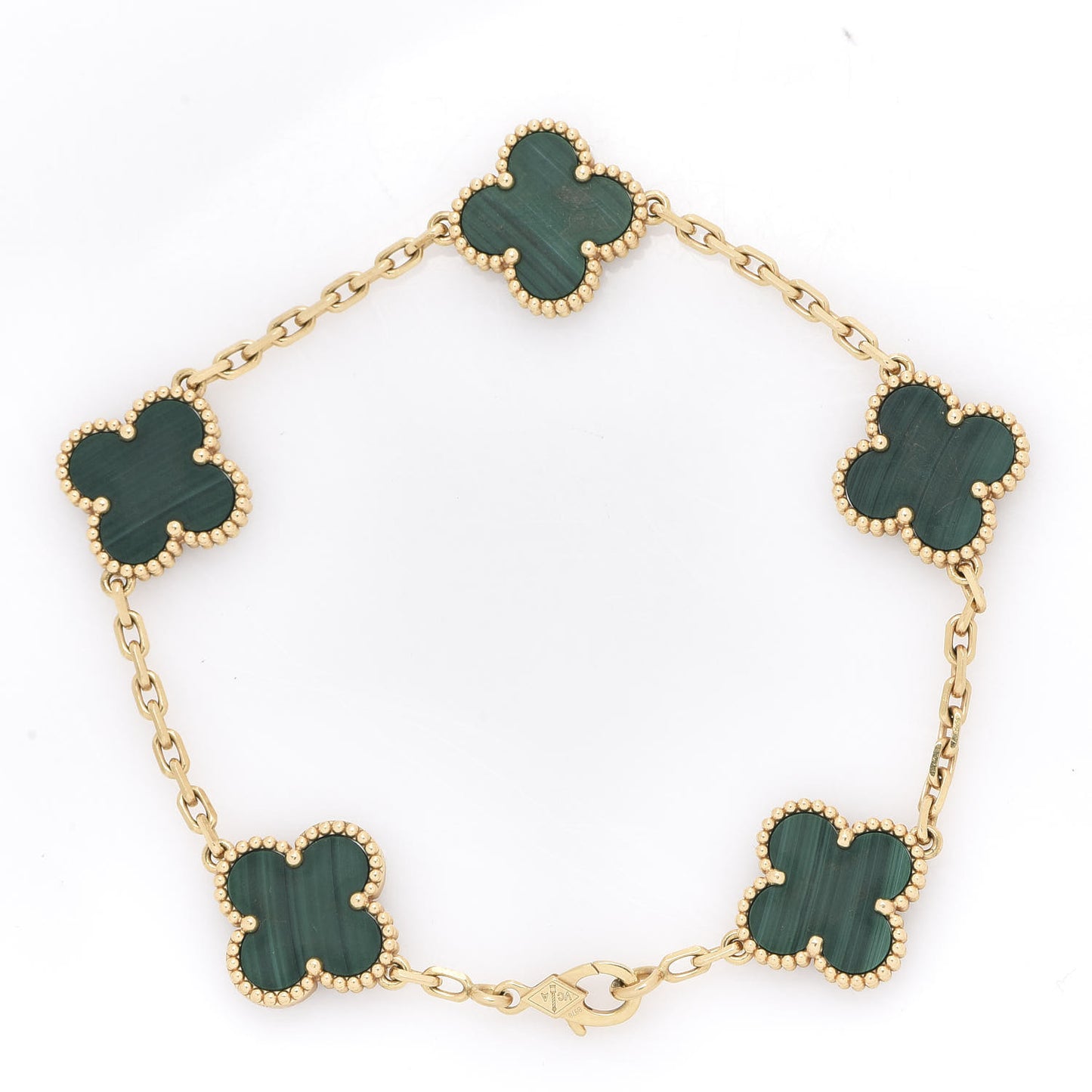 18K Yellow Gold Malachite 5 Motifs Vintage Alhambra Bracelet