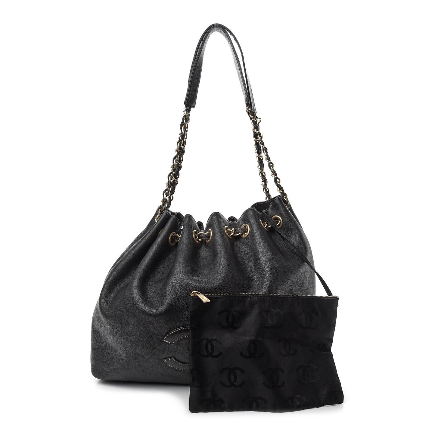 Grained Calfskin CC Drawstring Bucket Bag Black