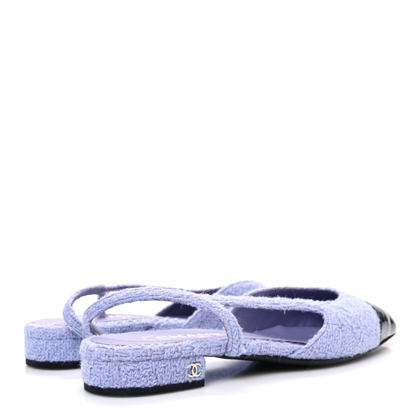 Iridescent Wool Tweed Patent Cap Toe CC Slingback Flats 39.5 Light Purple Silver Black