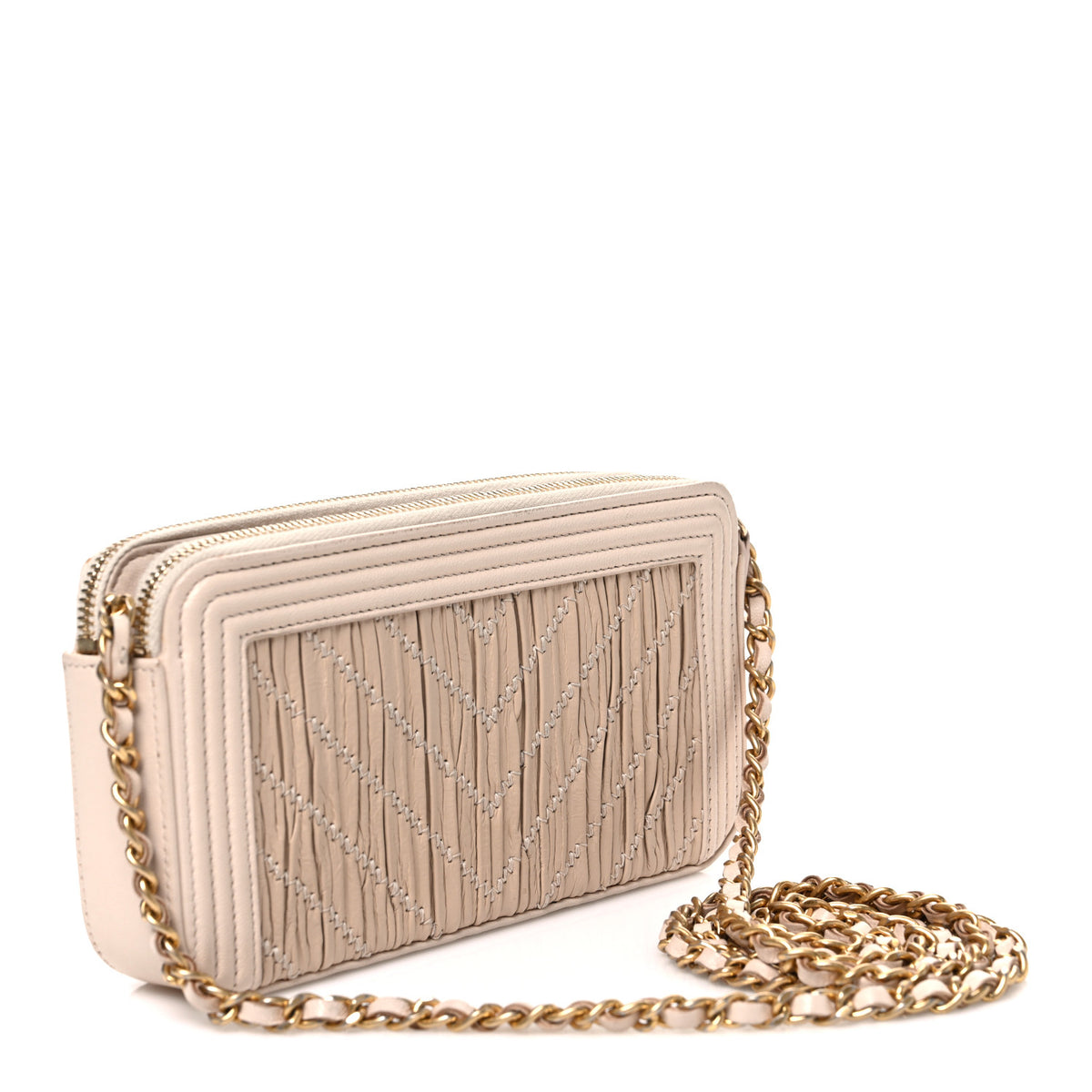Crumpled Lambskin Chevron Quilted Pleated Small Boy Clutch With Chain Beige