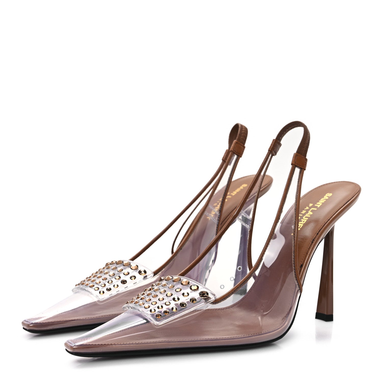 Saint Laurent Calfskin PVC Jive 105 Rhinestone Pump 38.5 Macadamia 4 of 9