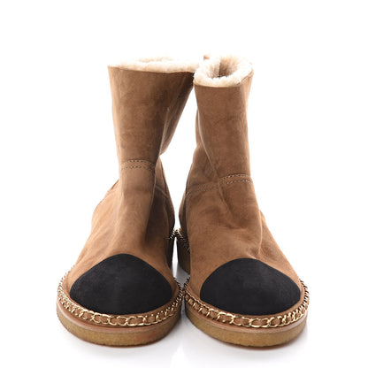 Chanel Kid Suede Shearling Womens Cap Toe Chain Short Boots 41.5 Light Brown Black 2 of 6