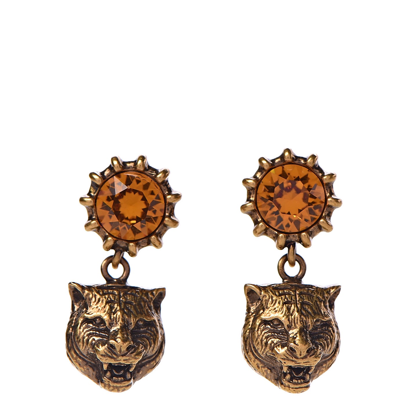 Metal Crystal Feline Earrings Aged Gold