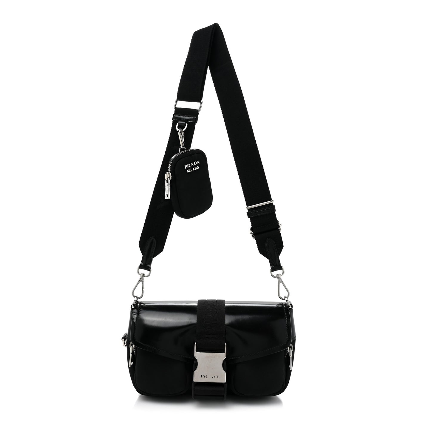 Re-Nylon Spazzolato Double Pocket Buckle Shoulder Bag Black