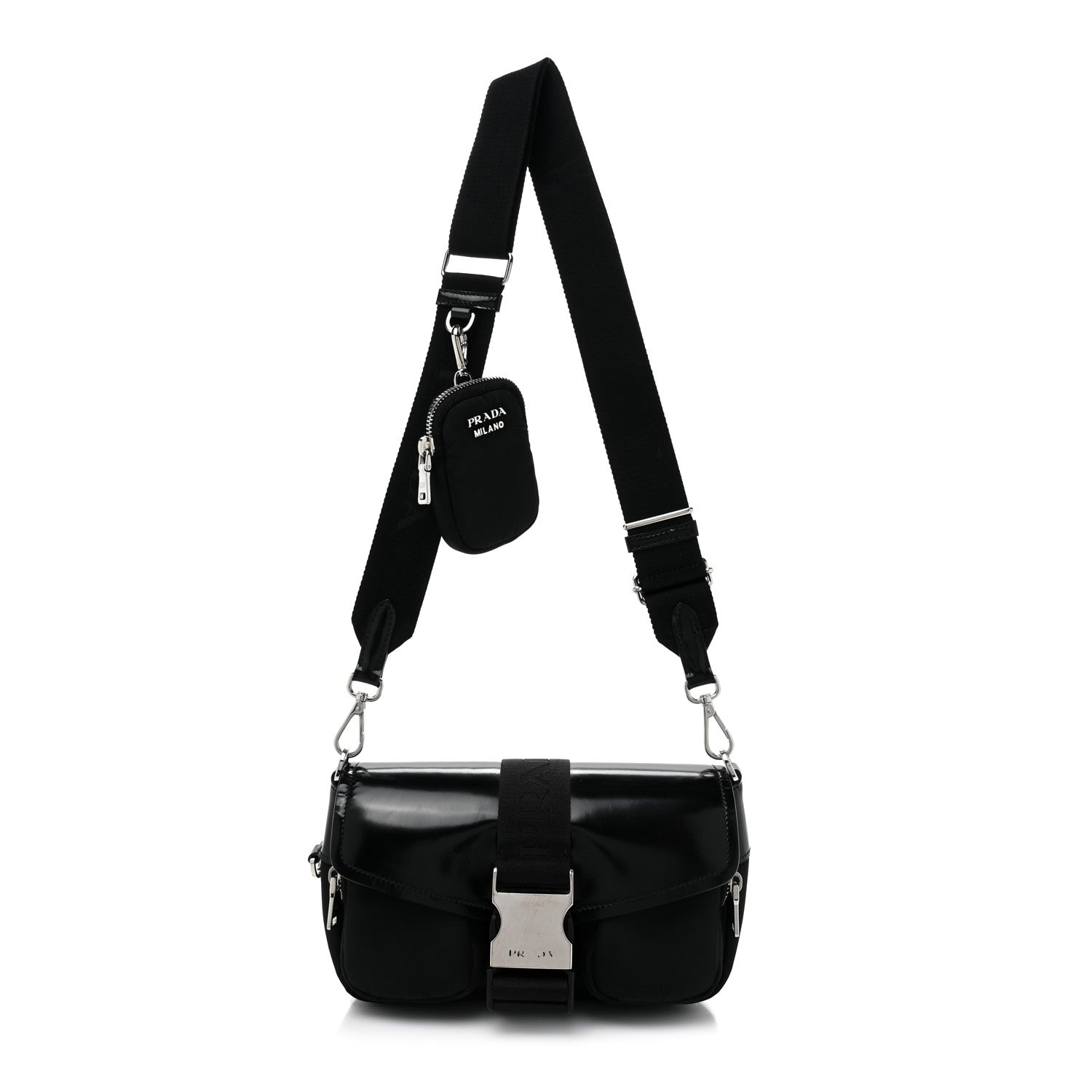 Prada Re-Nylon Spazzolato Double Pocket Buckle Shoulder Bag Black 1 of 7