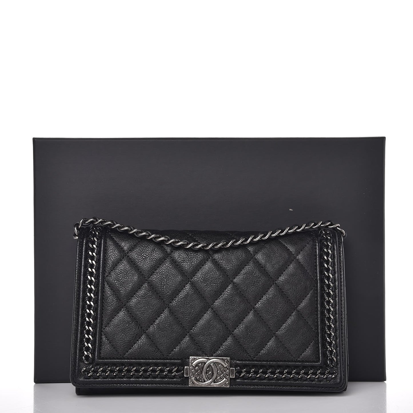 Calfskin Quilted Chain Around Boy Wallet On Removable Chain WOC Black