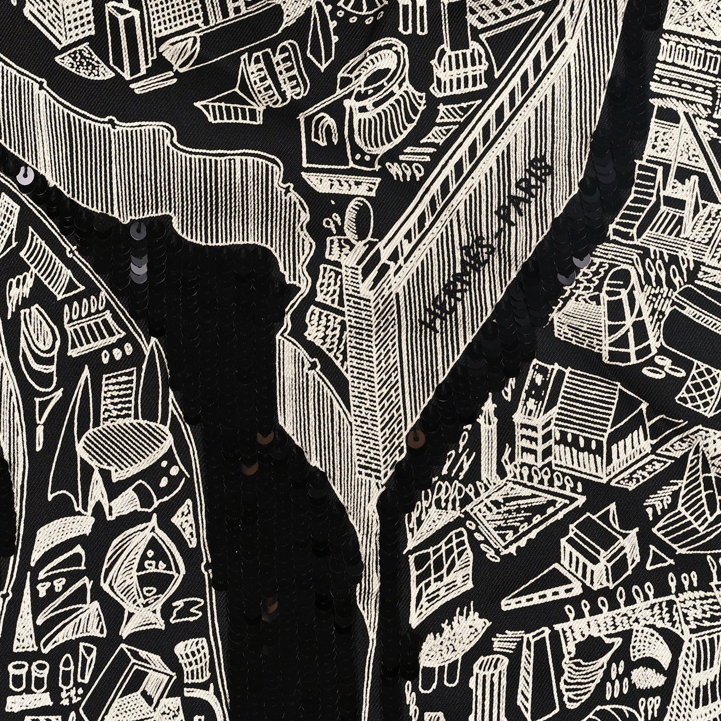 Silk Twill Sequin Embroidered La Cite Cavaliere La Nuit Scarf 90 Black White