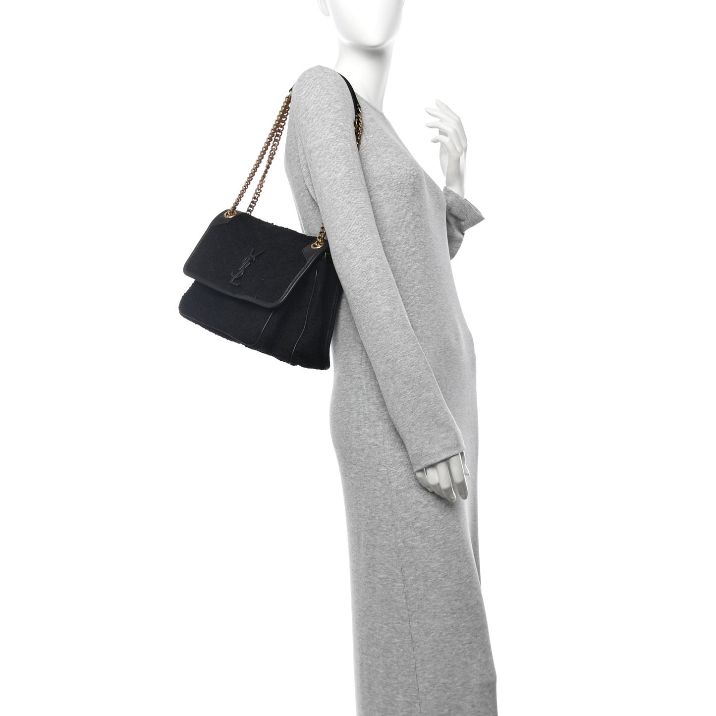 Boucle Tweed Monogram Medium Niki Chain Satchel Black