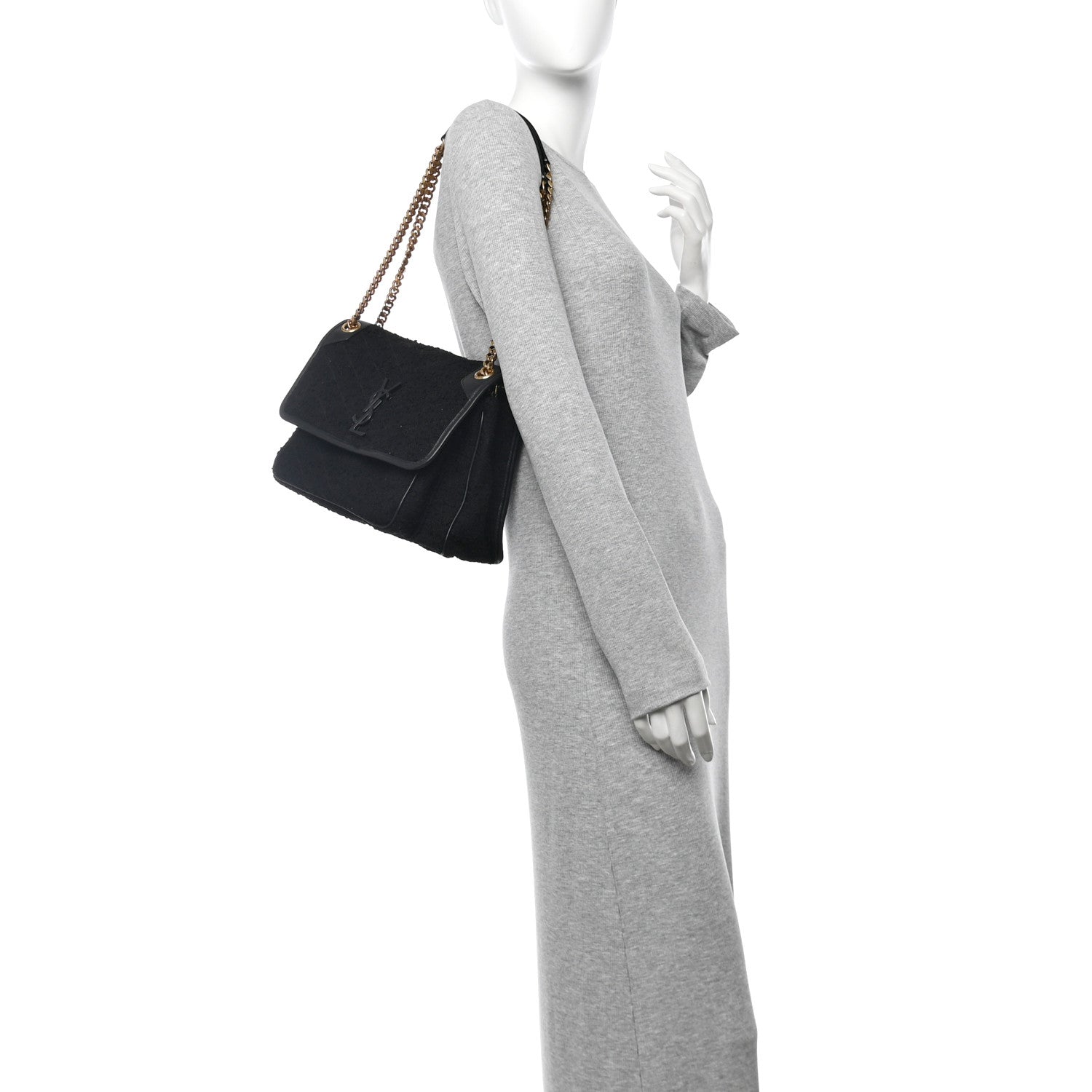 Saint Laurent Boucle Tweed Monogram Medium Niki Chain Satchel Black 2 of 12