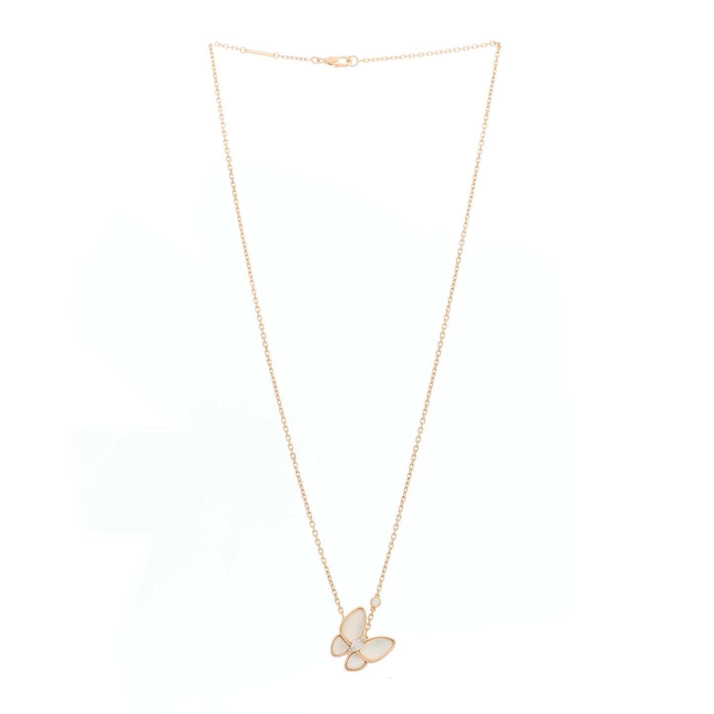 18K Rose Gold Diamond Mother of Pearl Two Butterfly Pendant Necklace