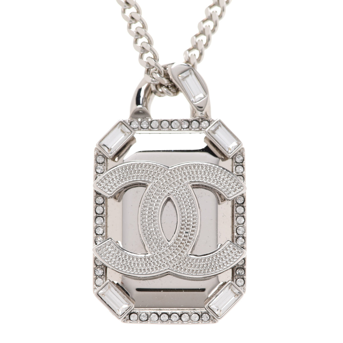Crystal Baguette CC Mirror Pendant Necklace Silver