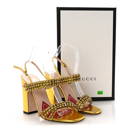 Gucci Nappa Silk Crystal Bertie High Heel Sandals 37.5 Gold 9 of 9