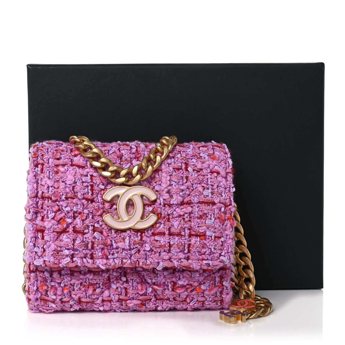 Tweed Enamel Quilted Pending CC Card Holder On Chain Light Purple Pink Red