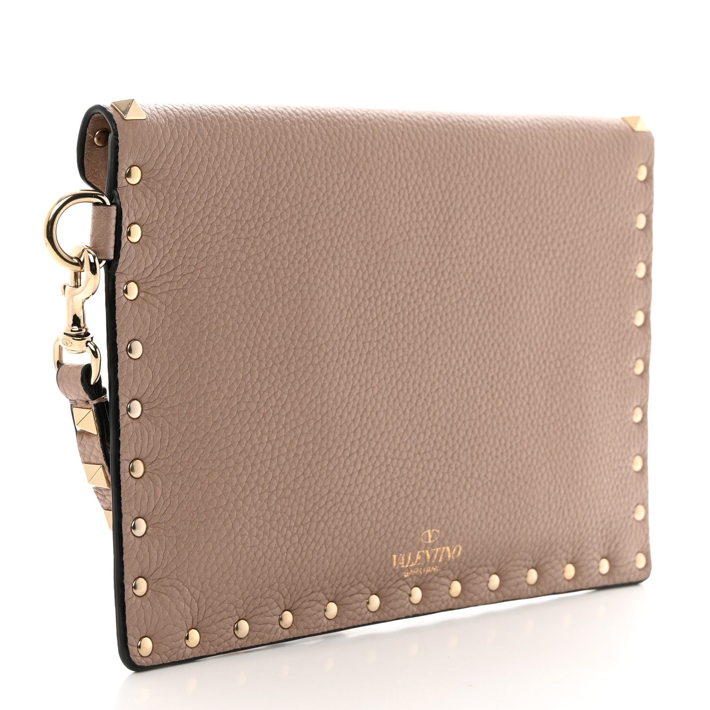 Pebbled Calfskin Medium Rockstud Envelope Flat Wristlet Pouch Poudre