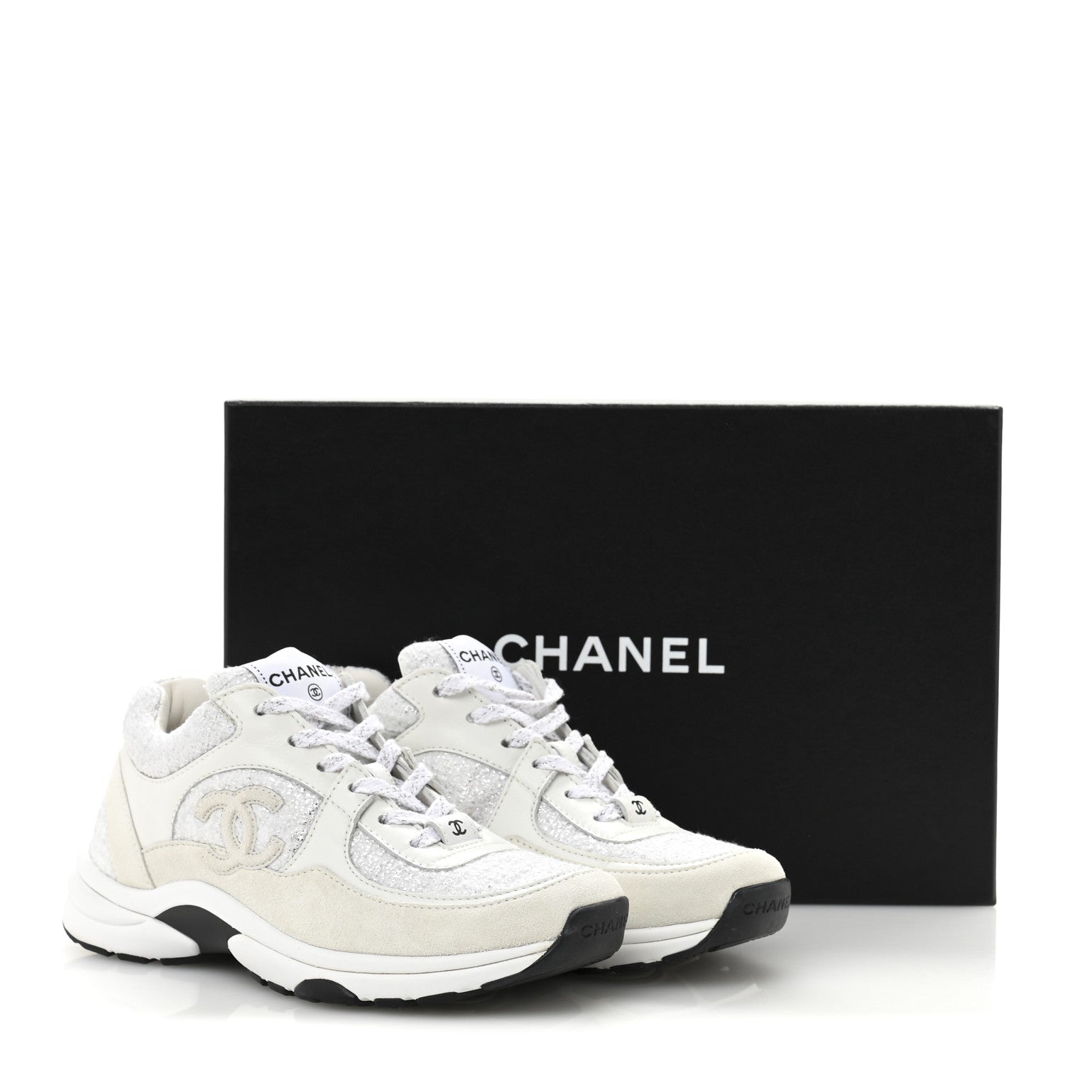 Chanel Painted Iridescent Cotton Tweed Suede Calfskin Womens CC Sneakers 36 White Silver Multicolor 10 of 10