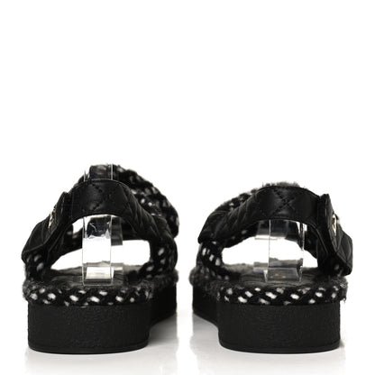 Chanel Cord Lambskin Quilted Logo Sandals 39 Black White 6 of 9