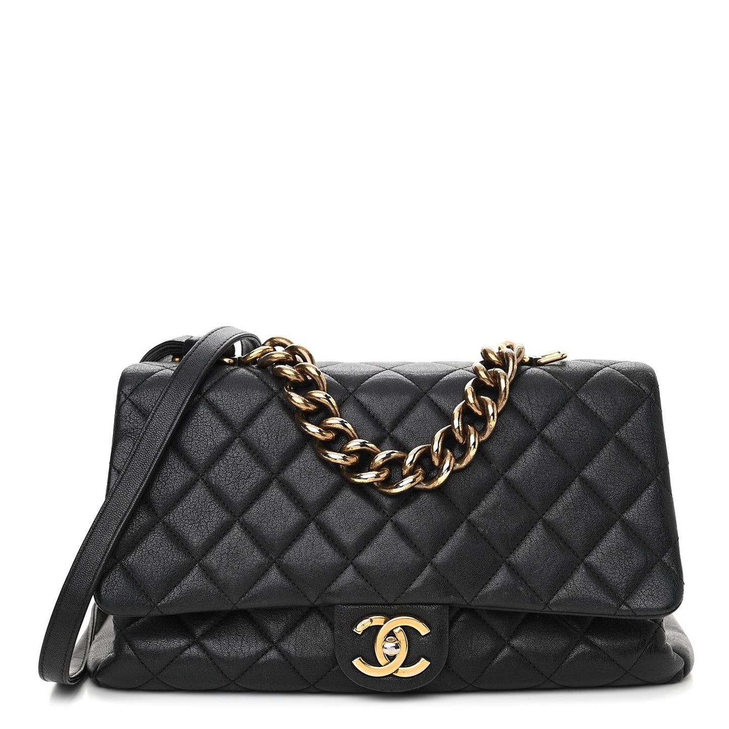 Shiny Sheepskin Quilted Large Trapezio Flap Black
