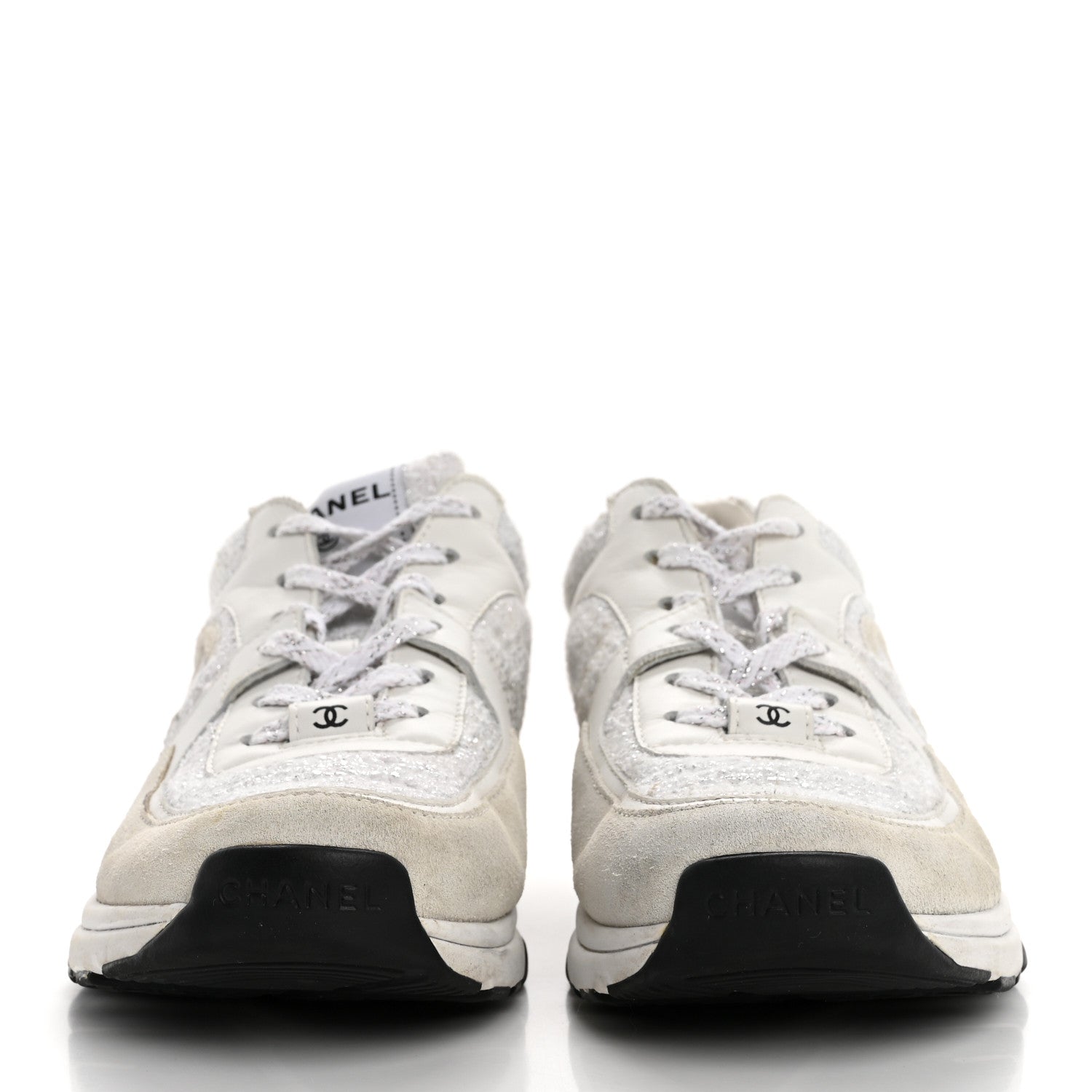 Chanel Painted Iridescent Cotton Tweed Suede Calfskin Womens CC Sneakers 39.5 White Silver Multicolor 3 of 14