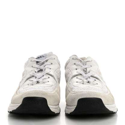 Chanel Painted Iridescent Cotton Tweed Suede Calfskin Womens CC Sneakers 39.5 White Silver Multicolor 3 of 14