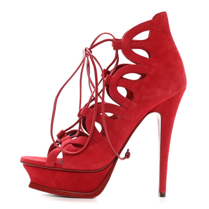 Saint Laurent Kid Scamosciato Tribute 105 Lace Up Platform Sandals 37 Red 1 of 8