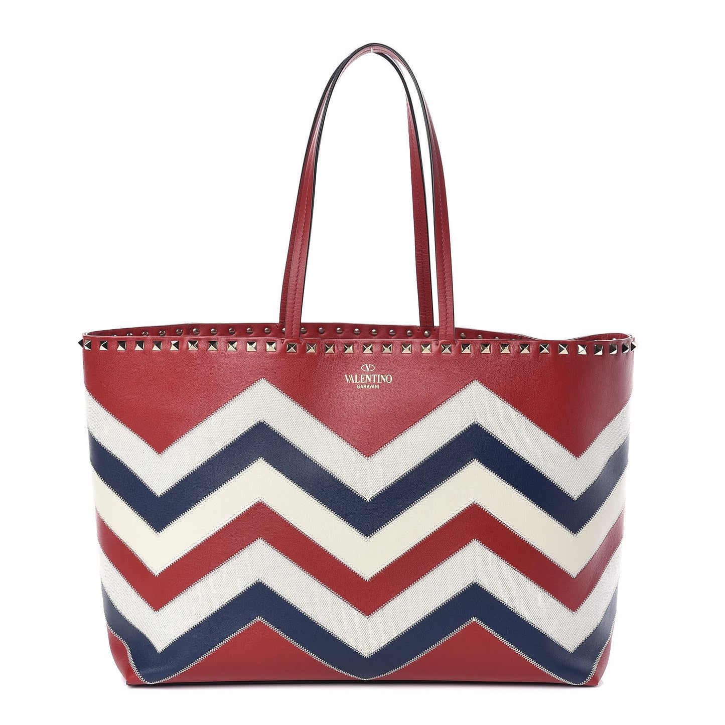 Calfskin Canvas Chevron Inlay Rockstud Shoulder Tote Red White Blue