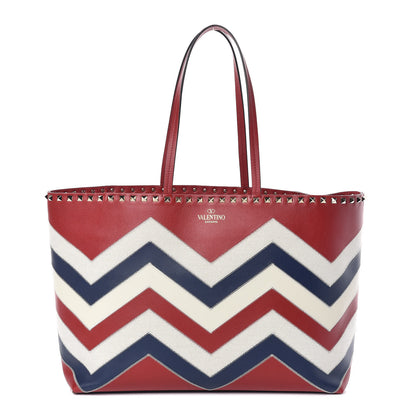 Valentino Garavani Calfskin Canvas Chevron Inlay Rockstud Shoulder Tote Red White Blue 1 of 10