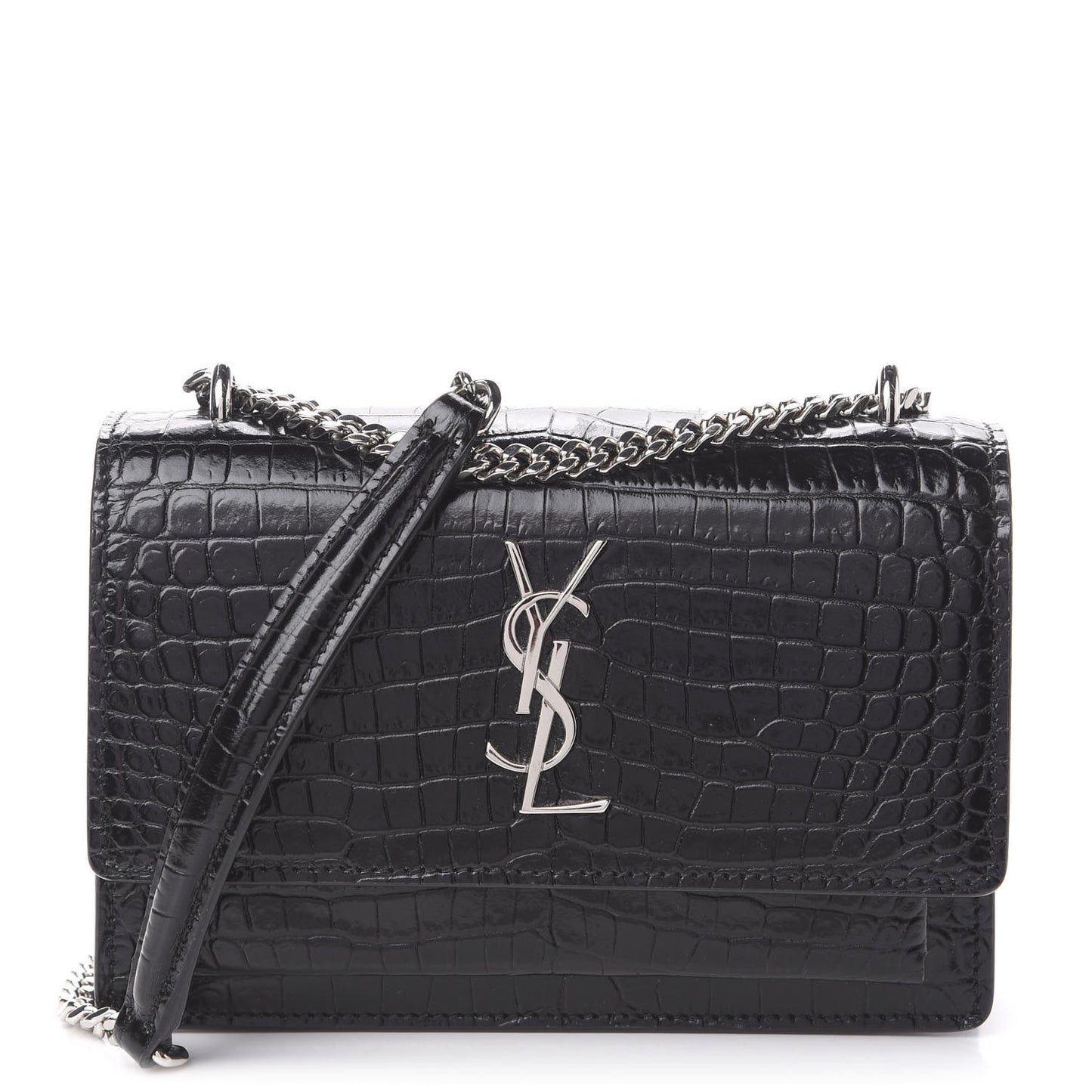 Calfskin Crocodile Embossed Monogram Sunset Chain Wallet Black