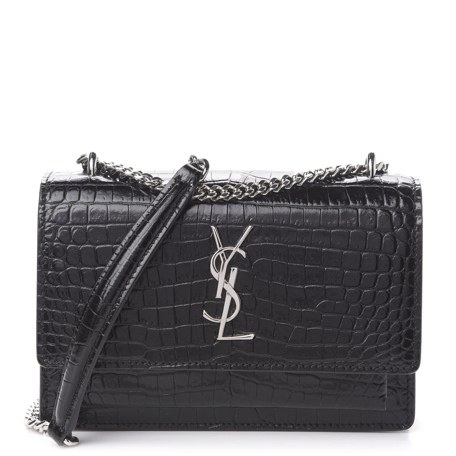 Saint Laurent Calfskin Crocodile Embossed Monogram Sunset Chain Wallet Black 1 of 10