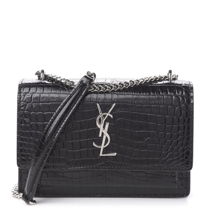 Saint Laurent Calfskin Crocodile Embossed Monogram Sunset Chain Wallet Black 1 of 10