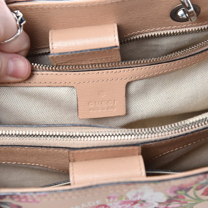Gucci Shangai Calfskin Blooms Print Medium Bamboo Shopper Tote Pink Apricot Multicolor 8 of 16
