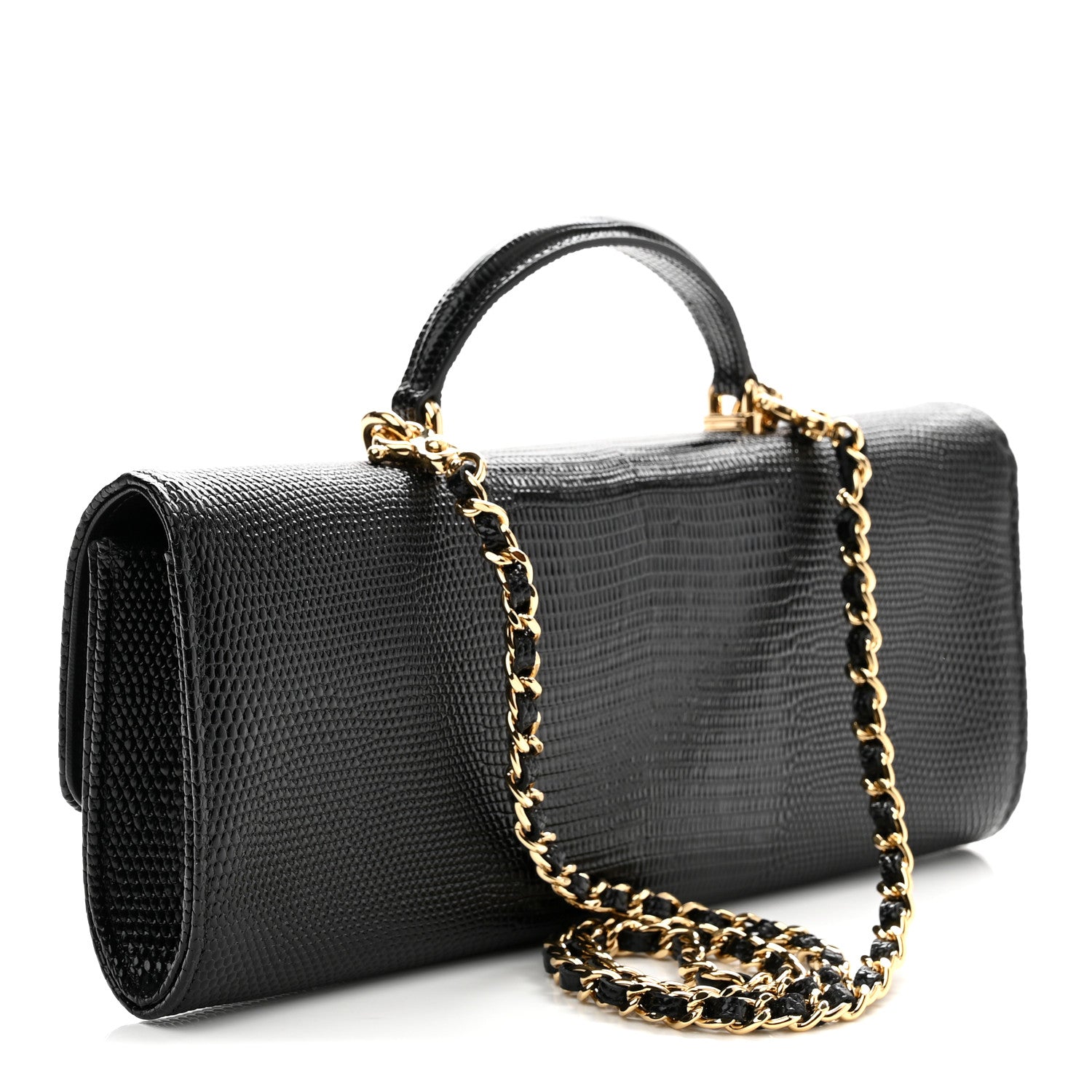 Chanel Calfskin Lizard Embossed Top Handle Clutch With Chain Black 3 of 12