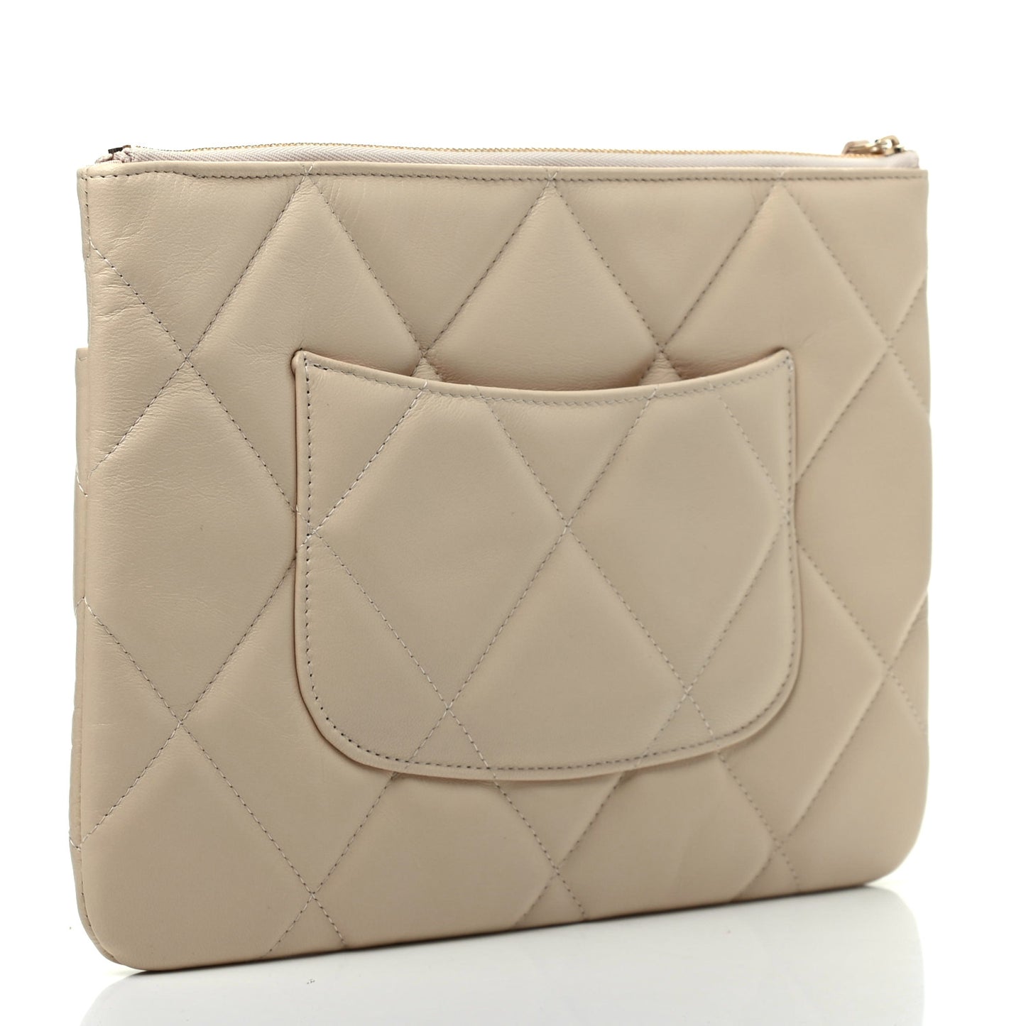 Shiny Goatskin Quilted Chanel 19 Pouch Beige