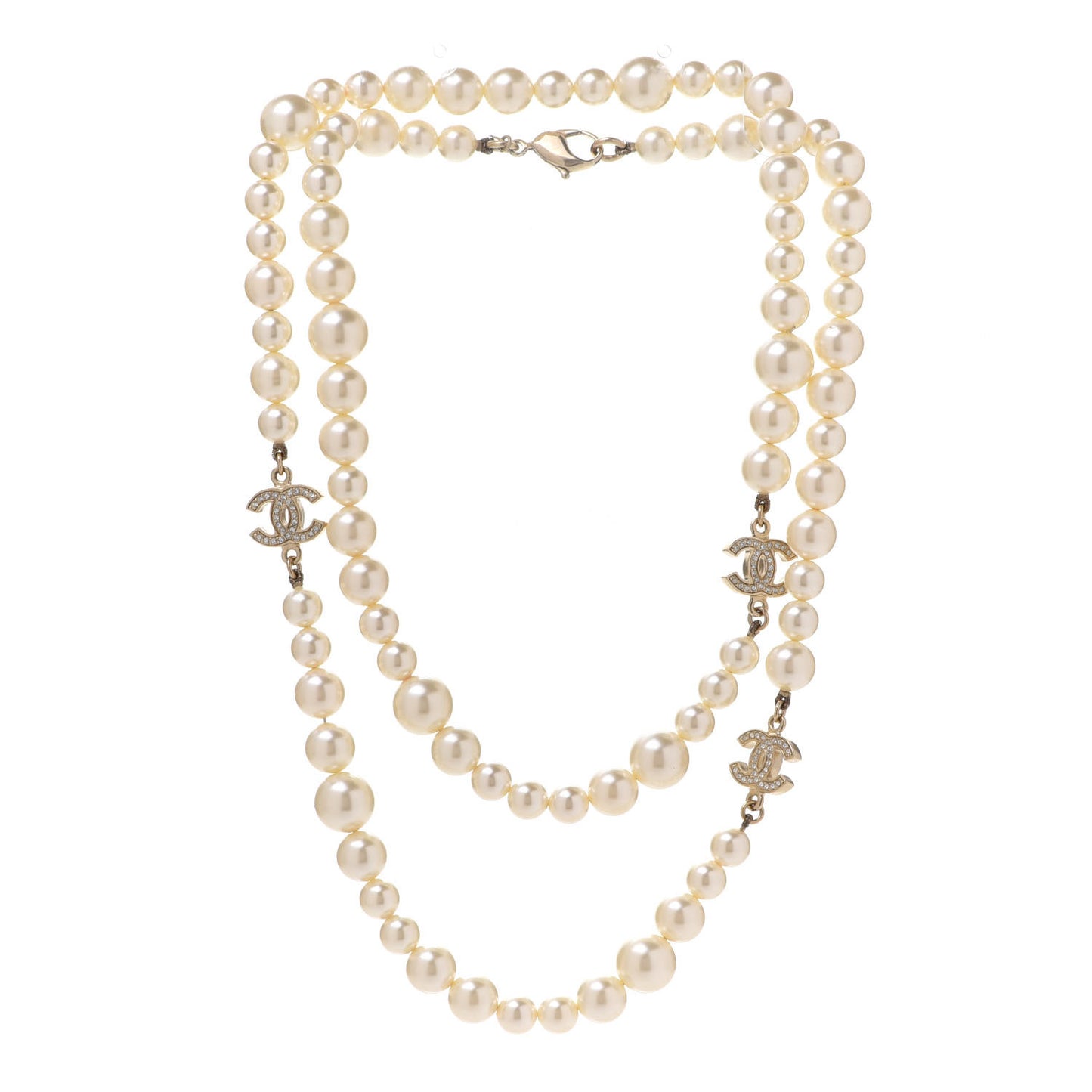 Graduated Pearl Crystal CC Long Necklace Light Gold