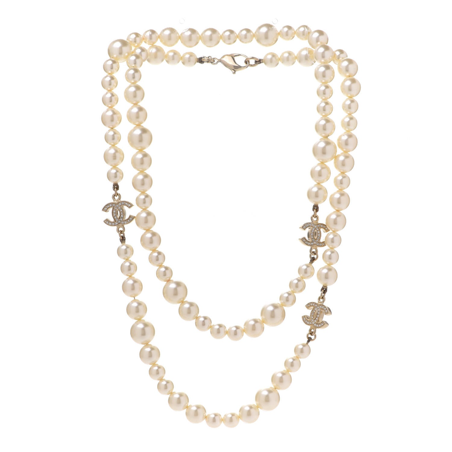 Chanel Graduated Pearl Crystal CC Long Necklace Light Gold 3 of 6