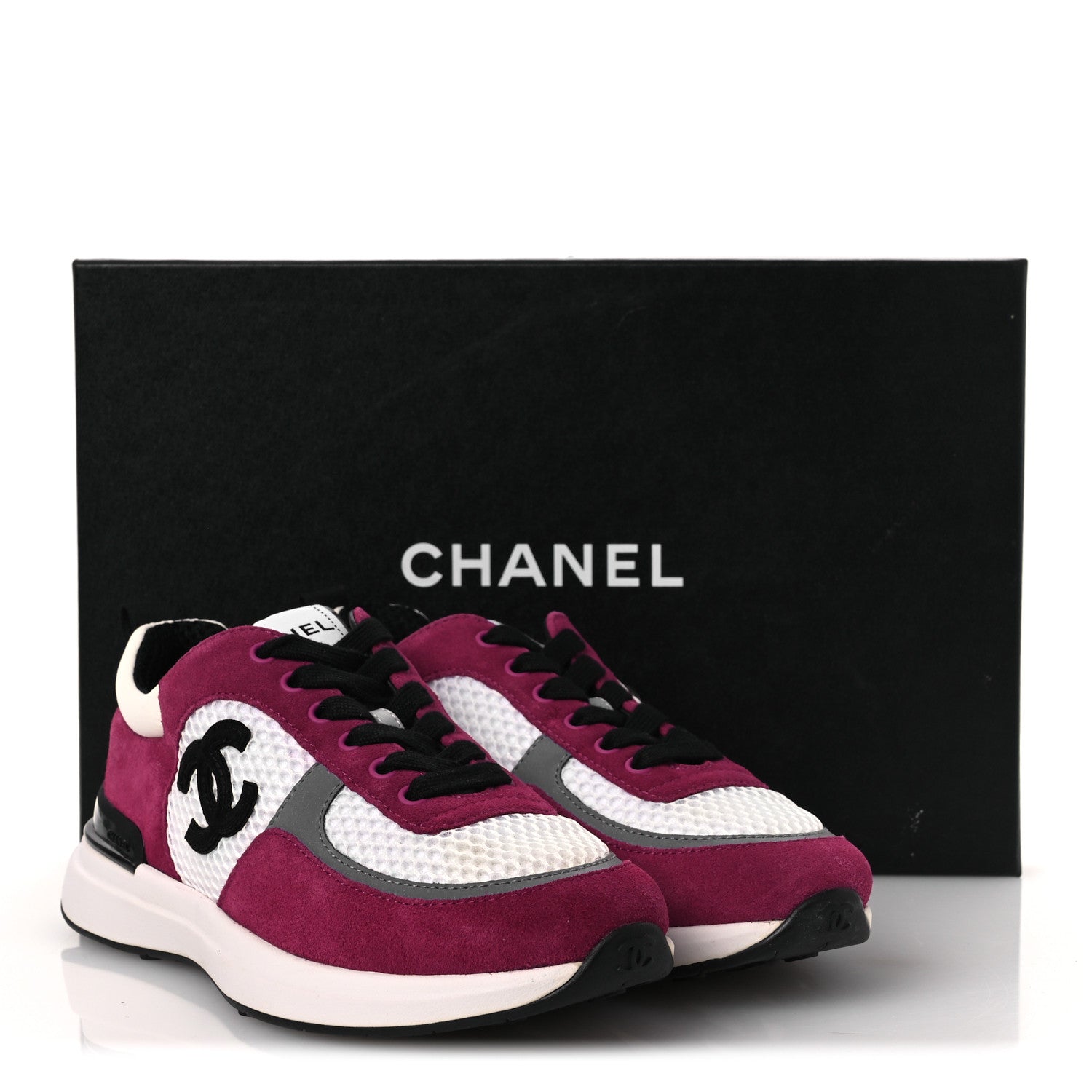Chanel Mesh Suede Calfskin Womens CC Sneakers 36 White Dark Pink Grey 10 of 10