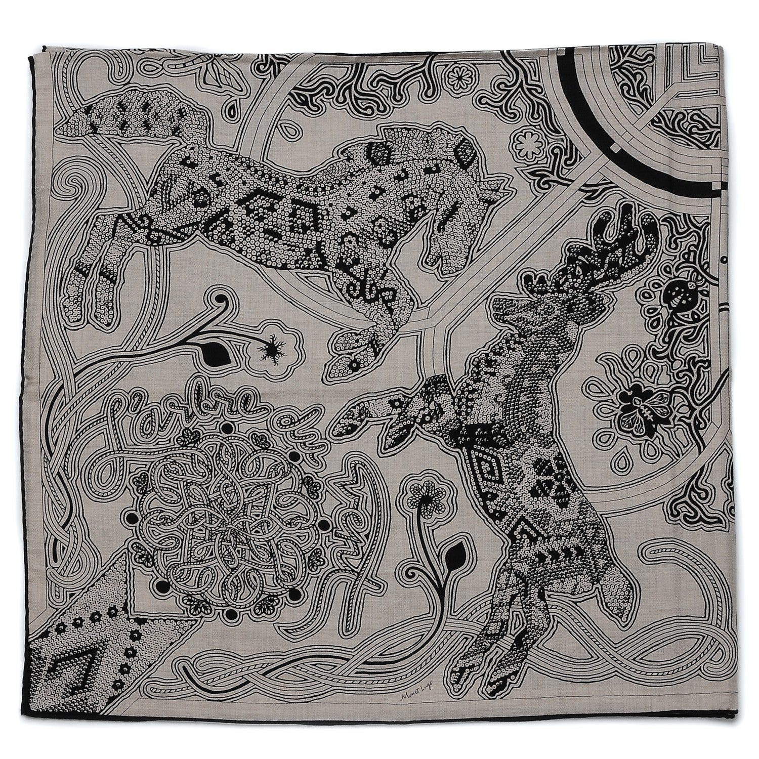 Hermes Cashmere Silk L'Arbre Du Vent Shawl 140 Naturel Noir 9 of 9