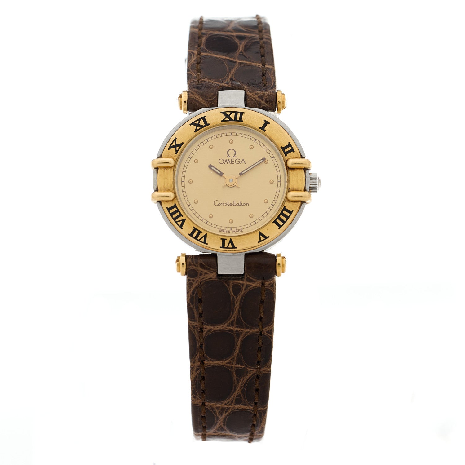 Omega Stainless Steel 18K Yellow Gold Alligator 22mm Constellation Quartz Watch Champagne 595.1080 1 of 4