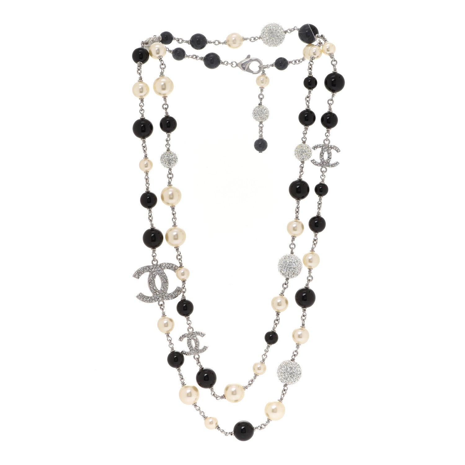 Chanel Pearl Crystal Bead CC Long Necklace Black Silver 3 of 6