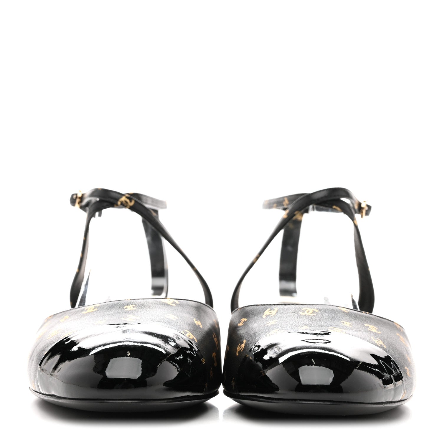 Chanel Printed Lambskin Patent Calfskin CC Slingback Flats 38.5 Black Gold 3 of 10