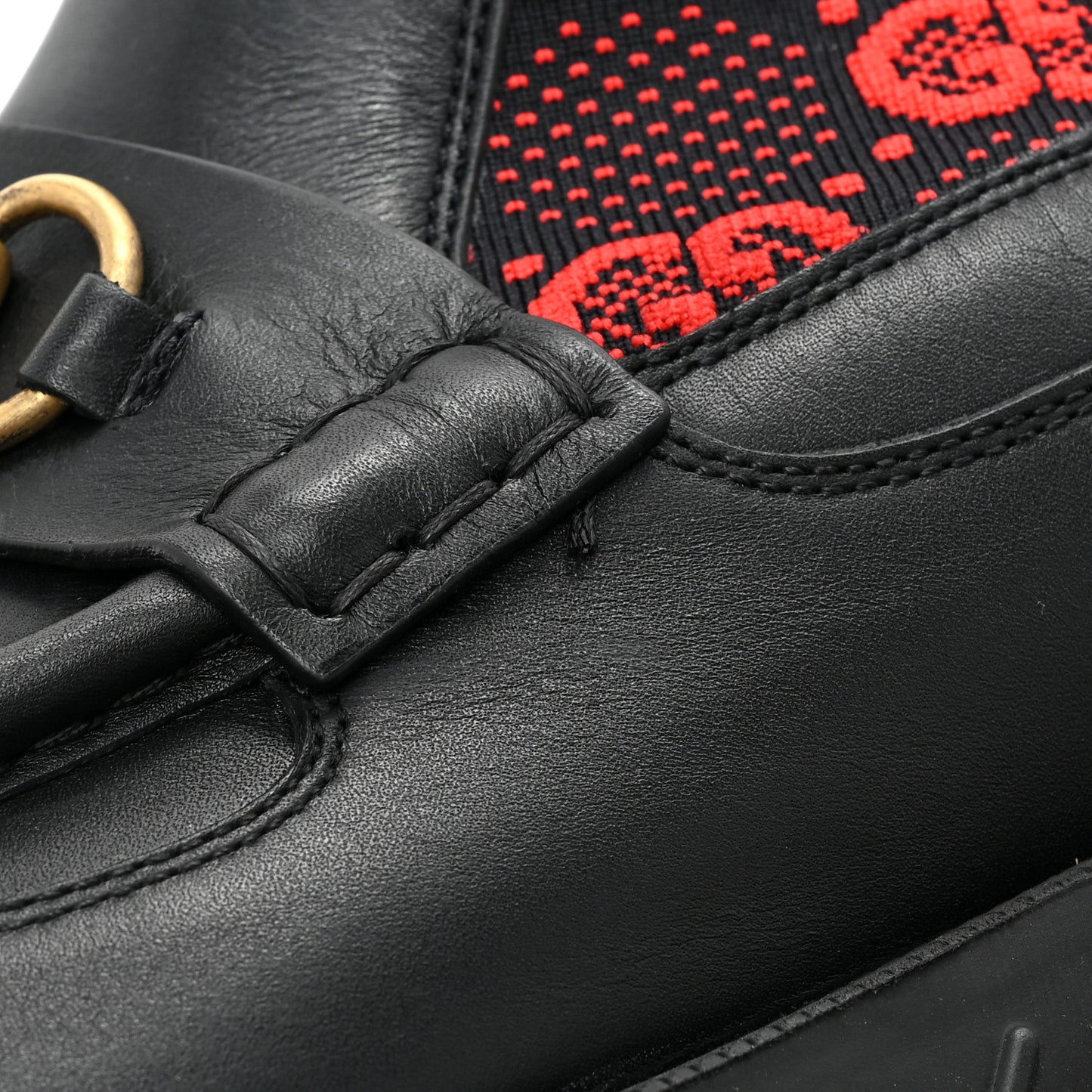 Quebec Calfskin Technical Jersey Knit GG Monogram Mens Horsebit Ankle Boots 9 Black Light Hibiscus Red