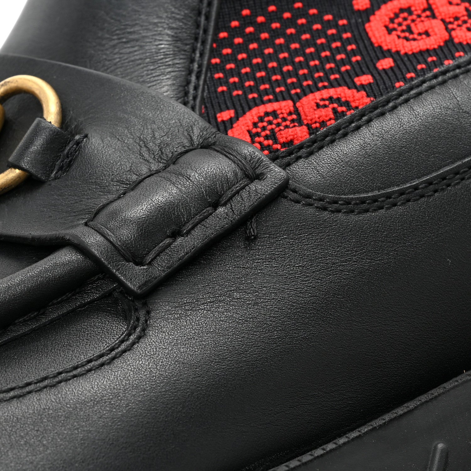 Gucci Quebec Calfskin Technical Jersey Knit GG Monogram Mens Horsebit Ankle Boots 9 Black Light Hibiscus Red 12 of 12